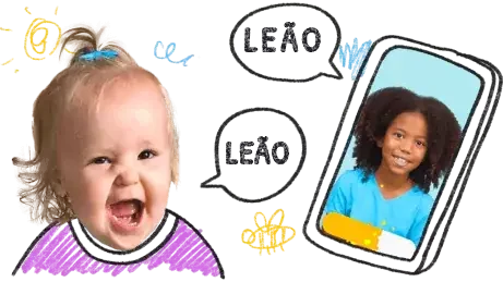 Uma criança e uma imagem do Speech Blubs em um celular.